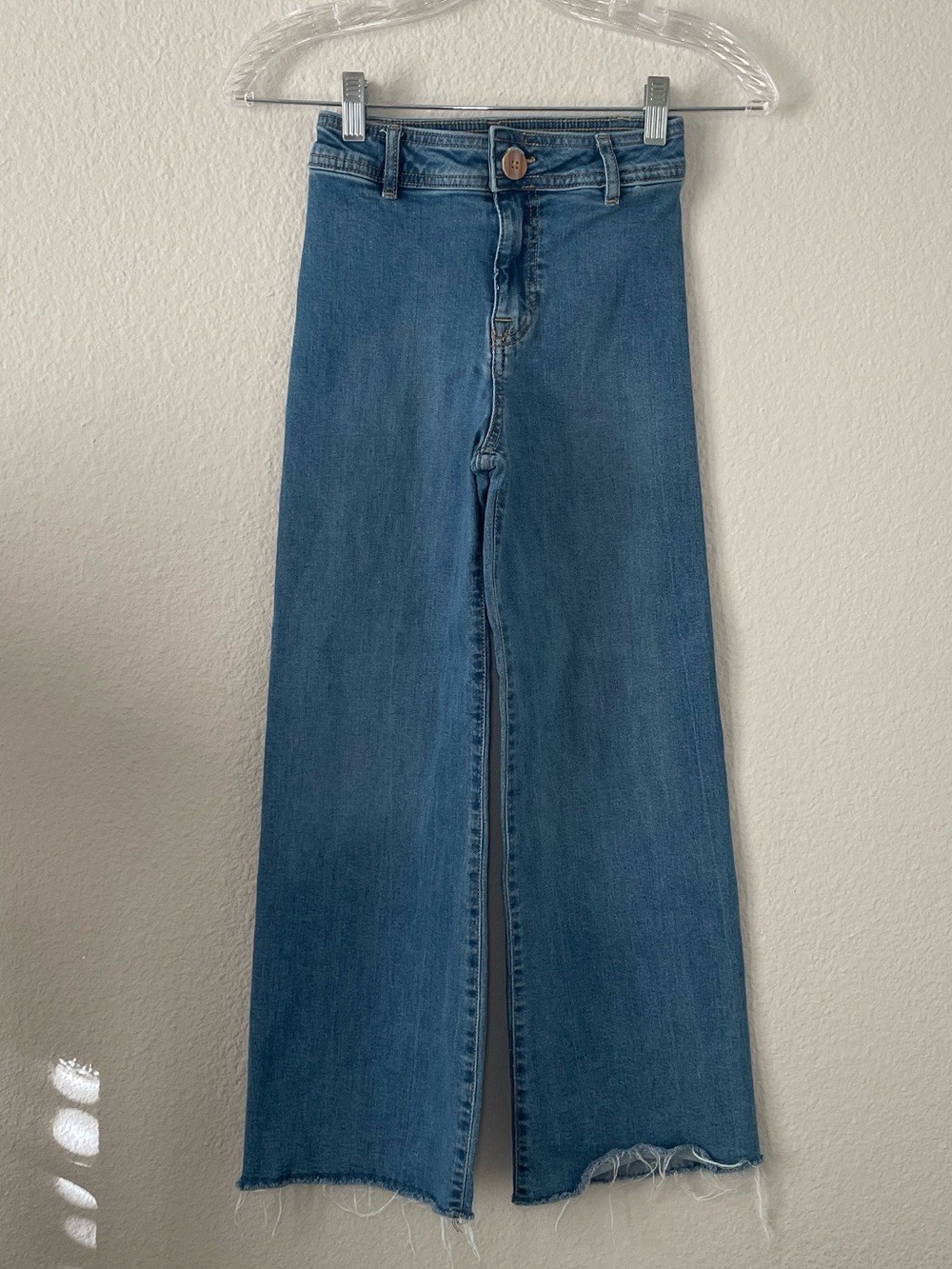 Zara Kids Girls Blue Wide Leg Frayed Raw Hem Adjustable Waist Jeans Size 10 Boho